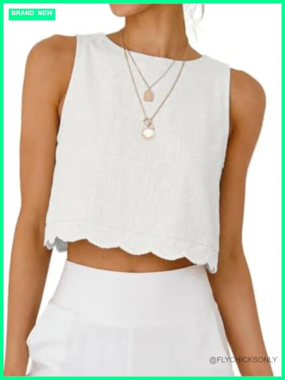 Womens High Neck Linen Blend Tank Top Scallop Hem Cropped Sleeveless Blouse